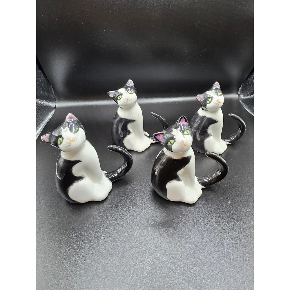 4 Tuxedo Cat Bone‎ China Napkin Rings Vintage